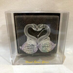 Hand Spun Glass Swans Iridescent Heart Shaped Ornament Decor Valentines